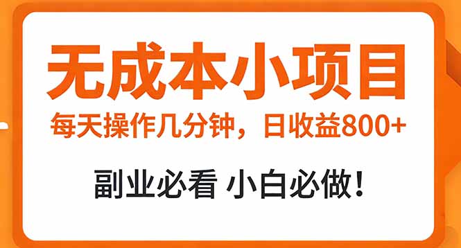 无成本小项目 每天操作几分钟，真实日收益800+ 副业必看 小白必做！-副业宝典