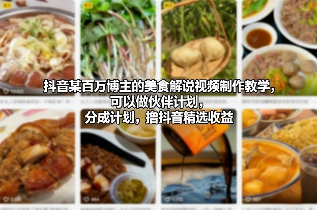 抖音某百万博主的美食解说视频制作教学，可以做伙伴计划，分成计划，撸抖音精选收益(更新)-副业宝典