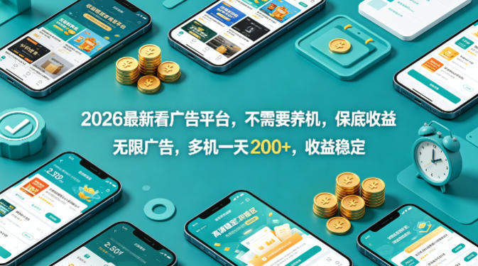2026最新看广告平台，不需要养机，保底收益，无限广告，多机一天200+，收益稳定【揭秘】-副业宝典