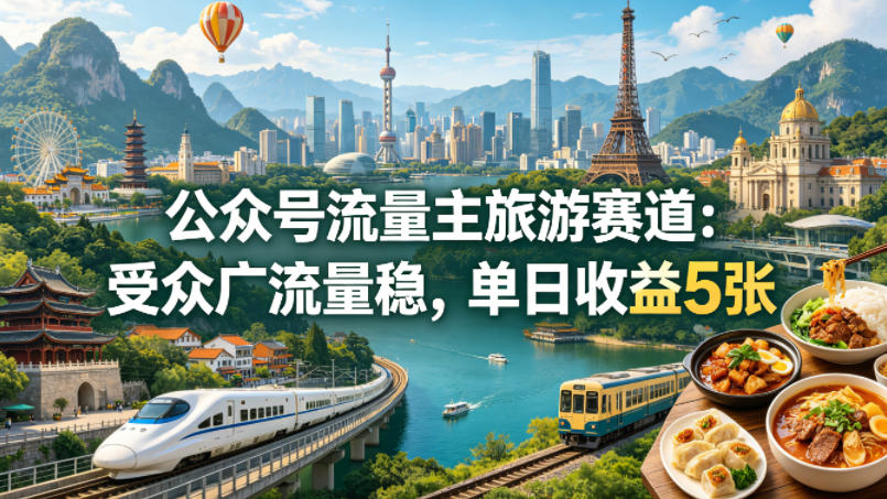 公众号流量主之旅游赛道，受众广+流量稳，平均单日收益5张+-副业宝典
