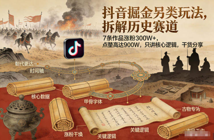 抖音掘金另类玩法，拆解历史赛道，7条作品涨粉300W+，点赞量高达900W，只讲核心逻辑，干货分享-副业宝典