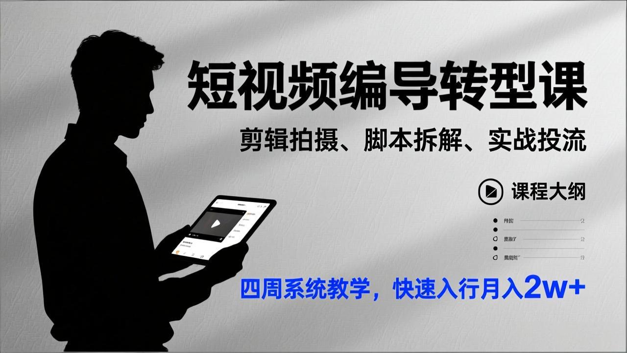 短视频编导转型课，剪辑拍摄、脚本拆解、实战投流，四周系统教学，快速入行月入2w+-副业宝典