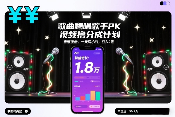 歌曲翻唱歌手PK视频撸分成计划，自带流量，一天两小时，日入2张-副业宝典