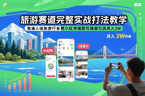 旅游赛道完整实战打法教学，普通人做旅游行业用小红书视频号精准引流月入3W-副业宝典